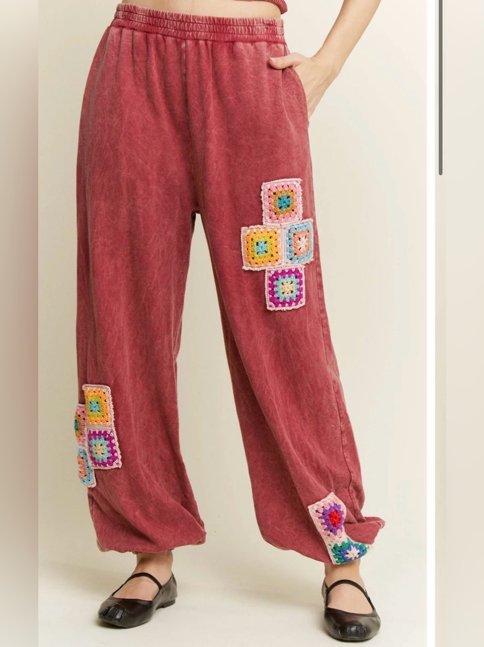 Mineral Washed Burgundy Granny-Tile Crochet Jogger Pants